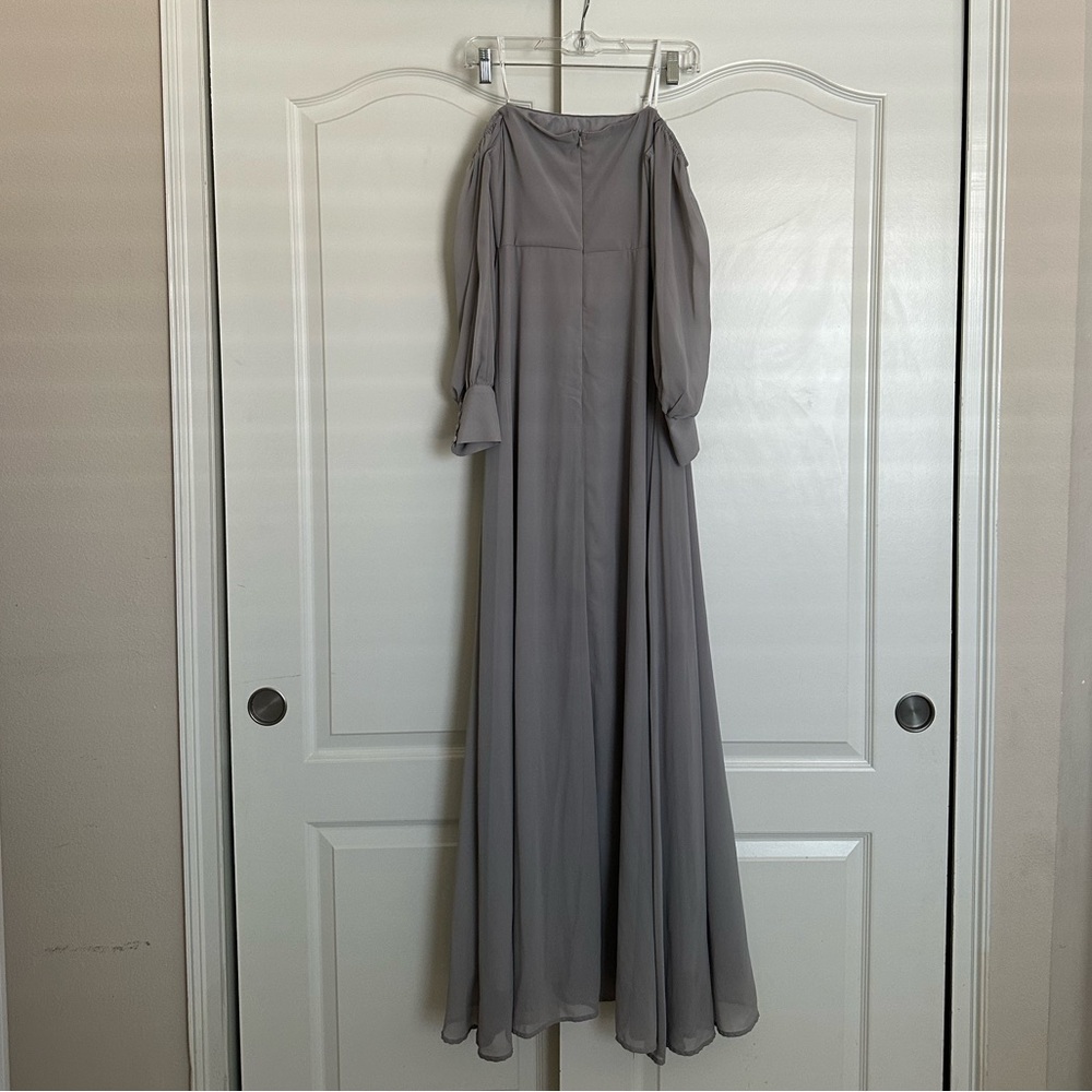Lulu's Off The Shoulder Light Gray Chiffon Maxi Dress Slit Size S EUC